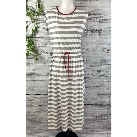 Tommy Hilfiger Dress size Small Gray White Striped Jersey Midi Casual Nautical - Picture 1 of 16